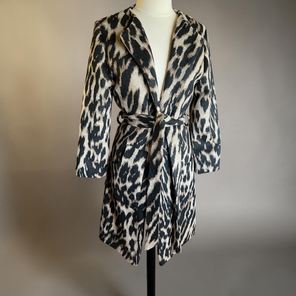 Uli Herzner Leopard‎ Print Wool Blend Coat Belted Long Jacket Black Tan Womens
